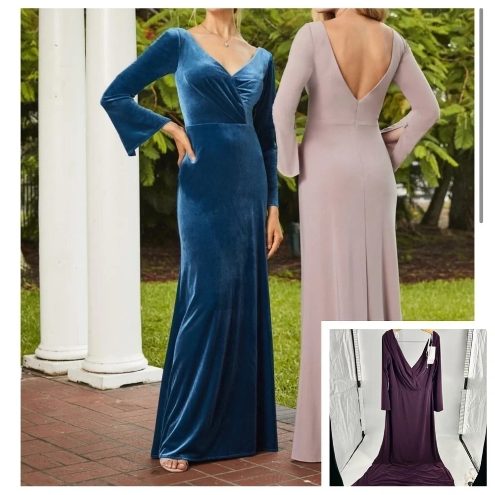 Christina Wu Jersey Purple Burgundy‎ Long Sleeve Maxi Formal Dress 22106 Sz 16 - Picture 2 of 6